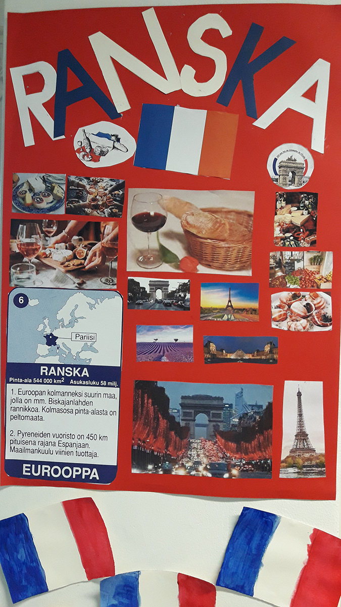 Iso juliste, jossa Ranskaan liittyviä kuvia ja tekstejä.